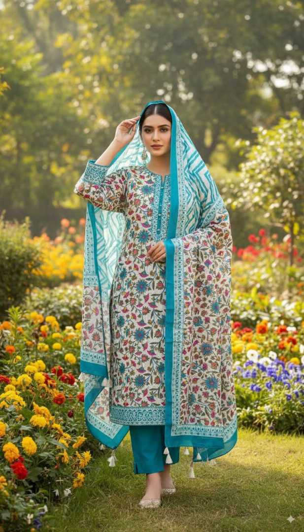 Bonoful,Jaipuri,100%,Pure,Cotton ,Unstiched,Three,Piece.